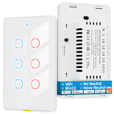 Harga yang bagus Tuya Wifi Switch Timing 6 Gang Voice App Alexa Google Home Tanpa Kabel Netral Wifi RF433 US Light Switch Smart Home on line